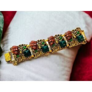 Antique 40s‎ Selro Bracelet Tiki Asian Filigree Panel Gems Rare Jewelry Vintage